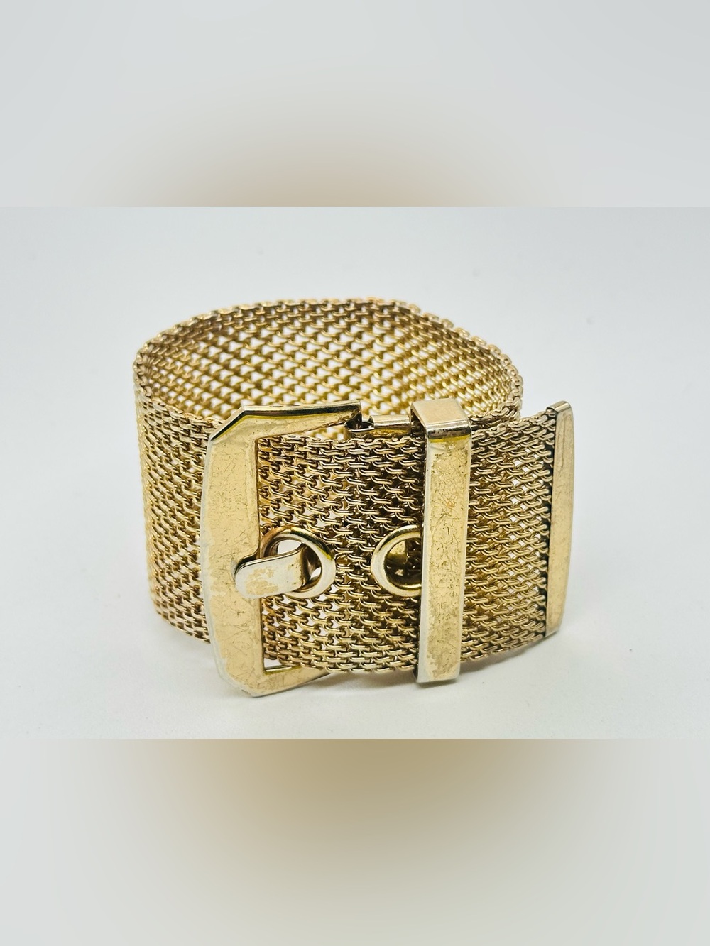 Gold Tone Wide Mesh Belt Buckle Clasp Bracelet Adjustable Runway